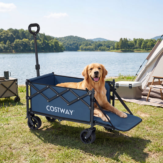 The blue camping trolley with a golden retriever sitting inside it on a campsite by a lake