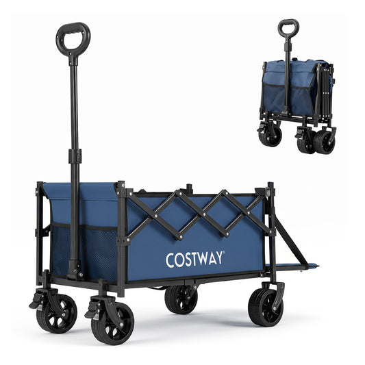 Foldable Transport Trolley 63-92L with large all-terrain wheels in blue, shown from the side with an inset showing a