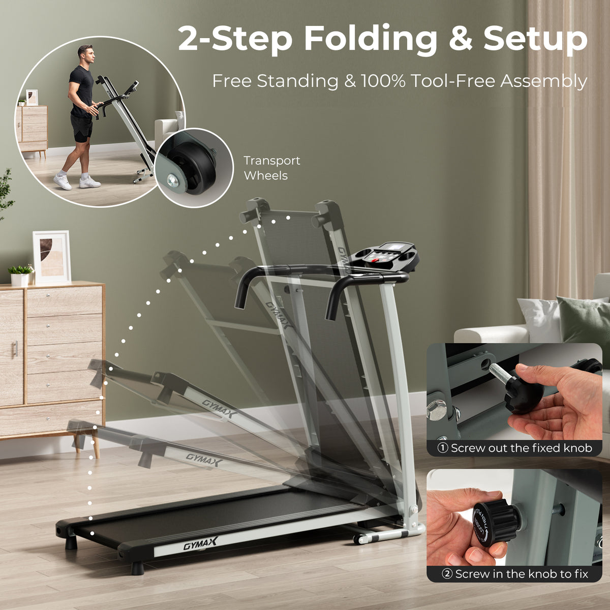 Diagram showing the two-step folding and setup process for the treadmill