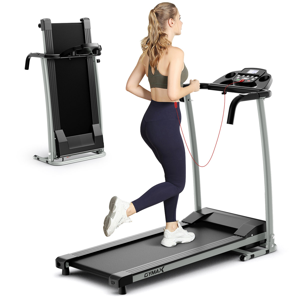 Foldable Treadmill with 12 Preset Programs and LCD Monitor in black, shown assembled and with a smaller folded version behind
