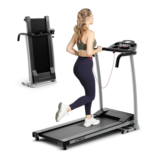 Foldable Treadmill with 12 Preset Programs and LCD Monitor in black, shown assembled and with a smaller folded version behind
