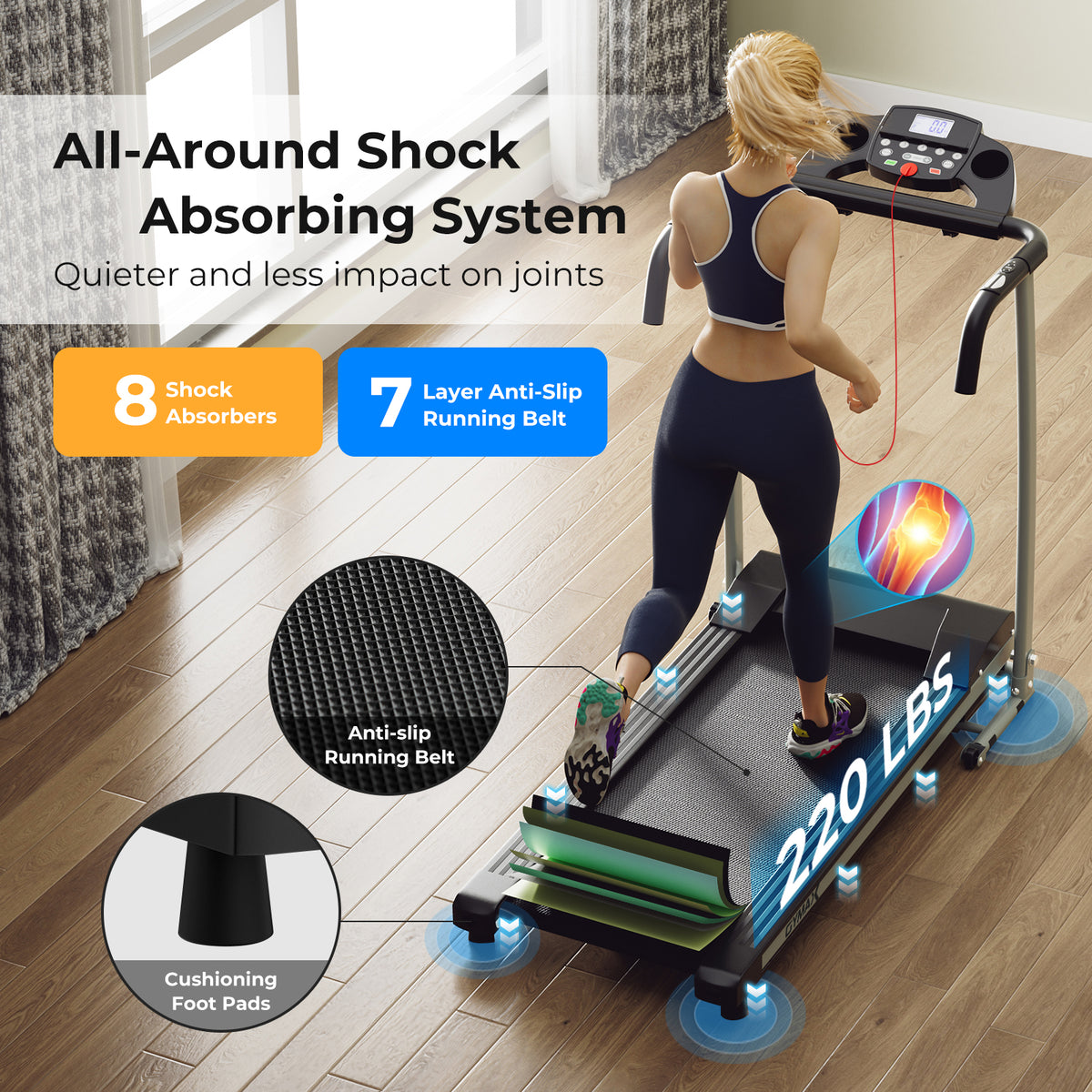 Close up of the treadmill's shock absorbing system with cushioning foot pads and anti-slip running belt