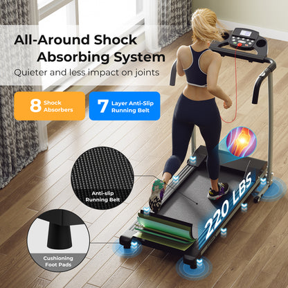 Close up of the treadmill's shock absorbing system with cushioning foot pads and anti-slip running belt