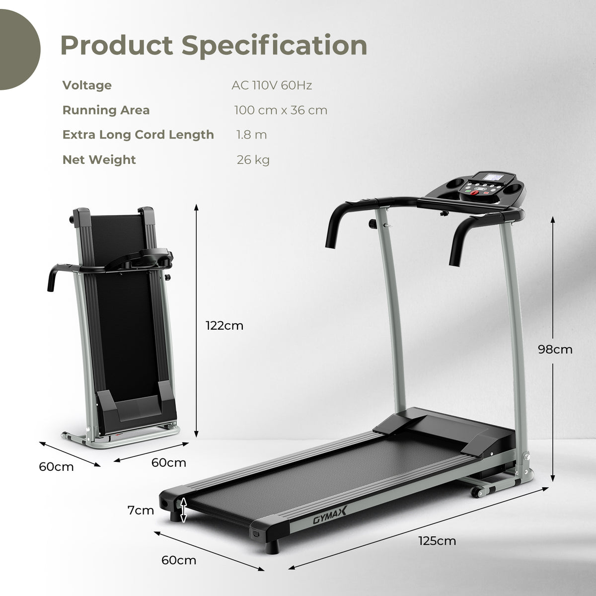 Product specification diagram showing dimensions and folded size of the treadmill