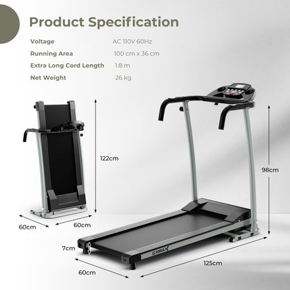Product specification diagram showing dimensions and folded size of the treadmill
