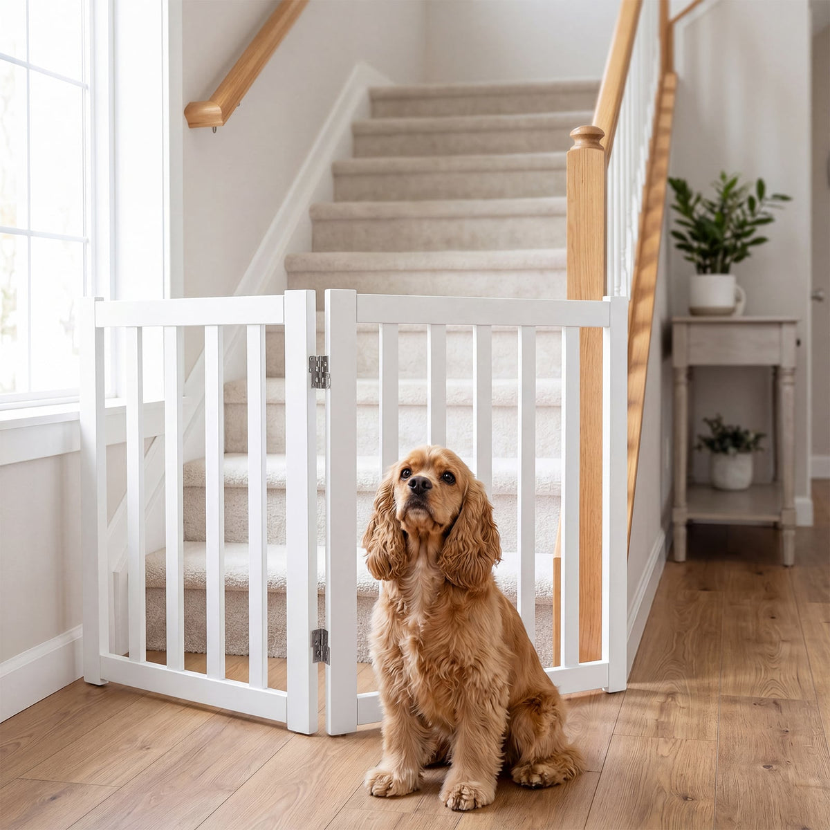 A small dog sits patiently in front of the white wooden pet gate installed at the bottom of a carpeted staircase