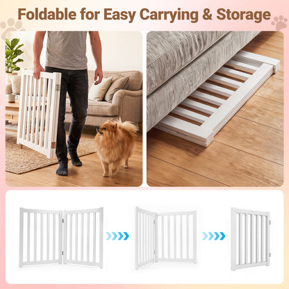 Demonstration of the white wooden pet gate being folded for storage and carrying