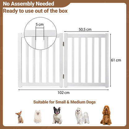 Dimensions diagram for the white wooden freestanding pet gate, showing width and height measurements