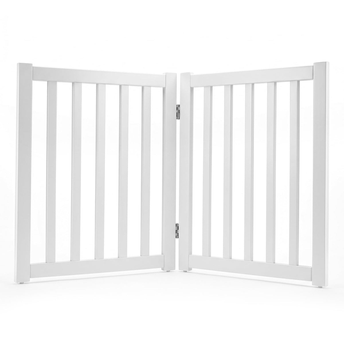 Foldable Wooden Freestanding Pet Gate for House snd Stairs in white, showing the two panels hinged together