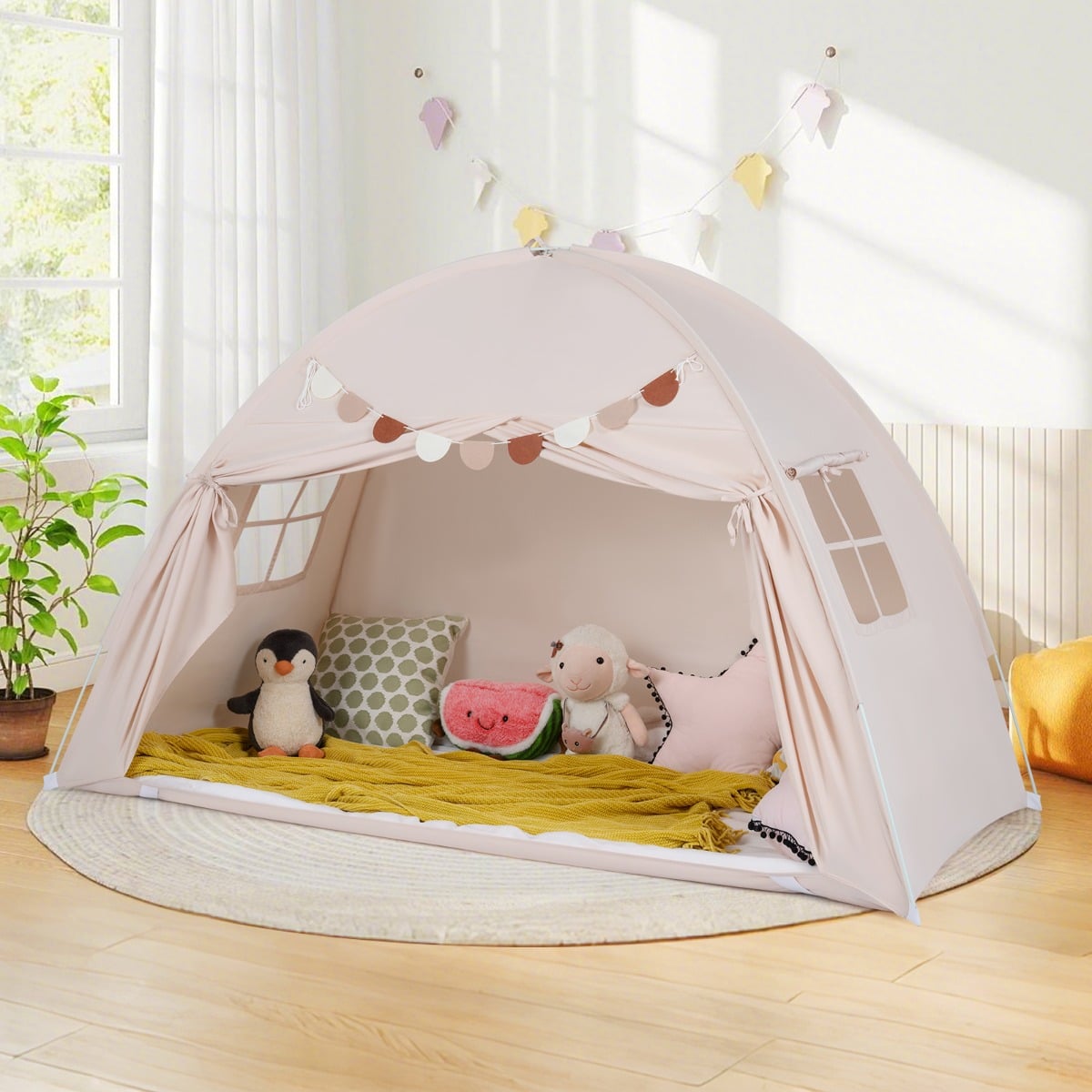 Foldable and Portable Canopy Tent on Twin Bunk Bed with 2 Windows-Beige