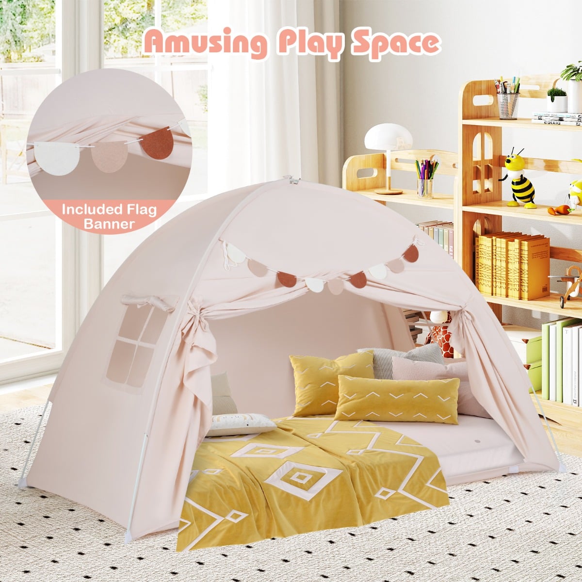 Foldable and Portable Canopy Tent on Twin Bunk Bed with 2 Windows-Beige