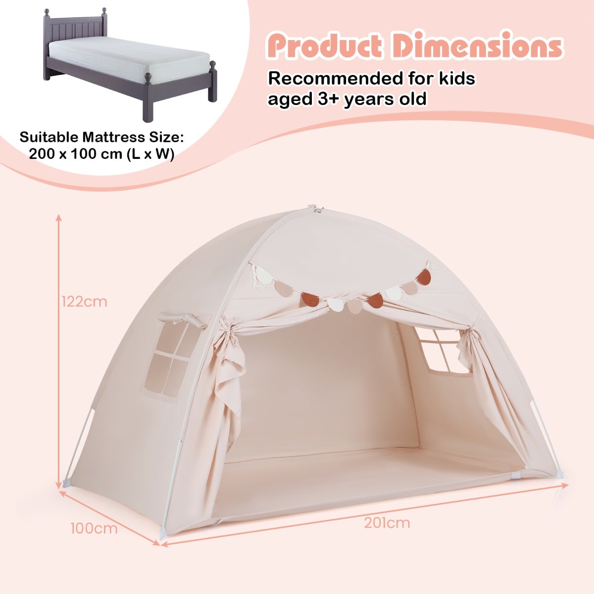 Foldable and Portable Canopy Tent on Twin Bunk Bed with 2 Windows-Beige