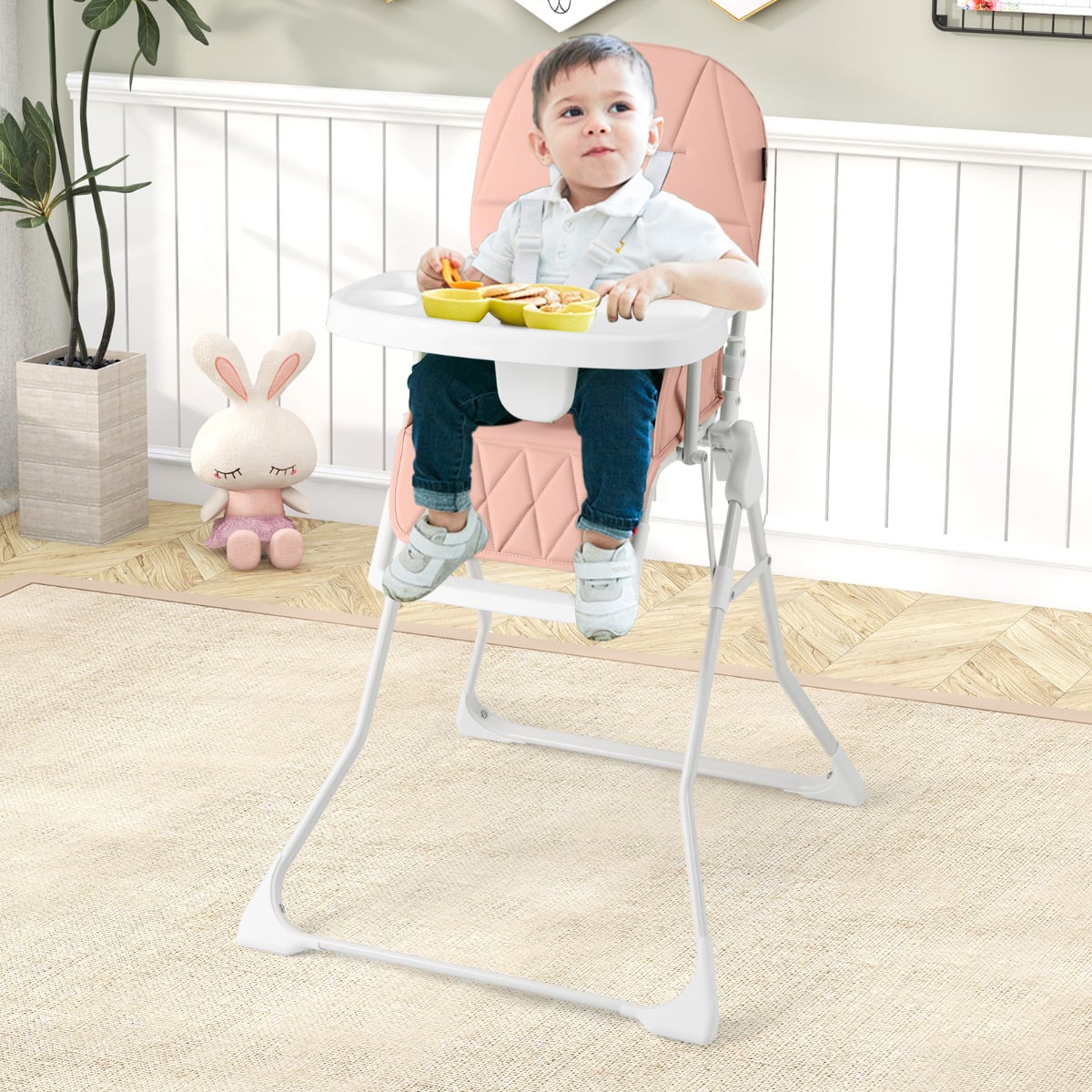 Foldable Baby High Chair with Removable Adjustable Tray-Pink