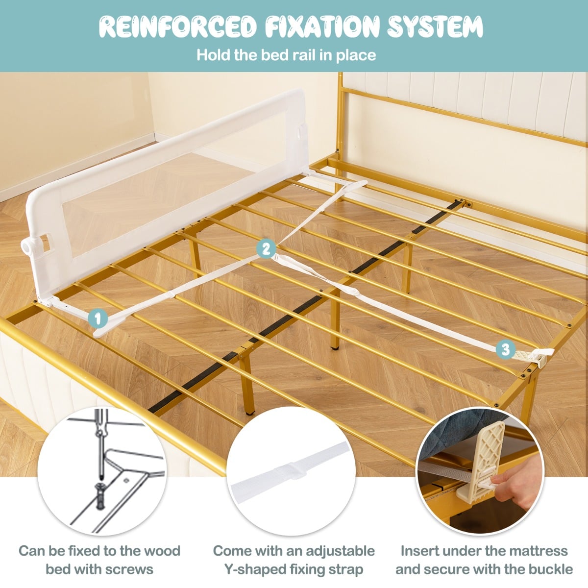Foldable Bed Rail with Adjustable Safety Strap for Toddlers-White