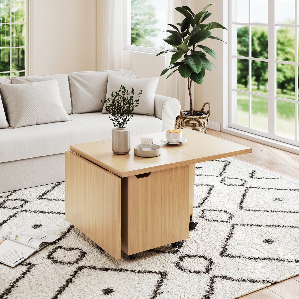 120cm Extendable and Foldable Coffee Table with Storage Cabinet and Wheels-Oak
