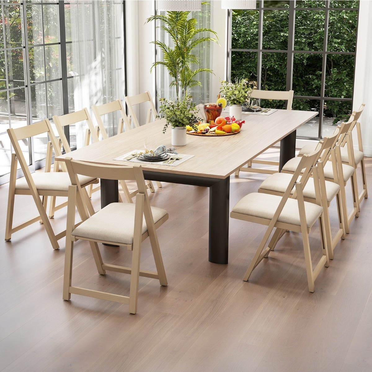Foldable Dining Chair Set of 8 with Padded Seat and Curved Backrest-Beige