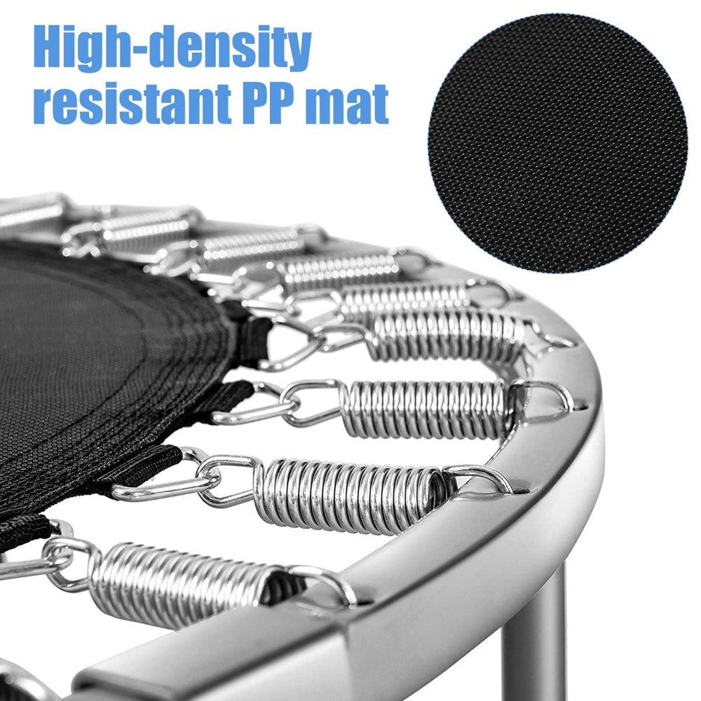 Close-up of the springs and mat of the grey foldable mini trampoline