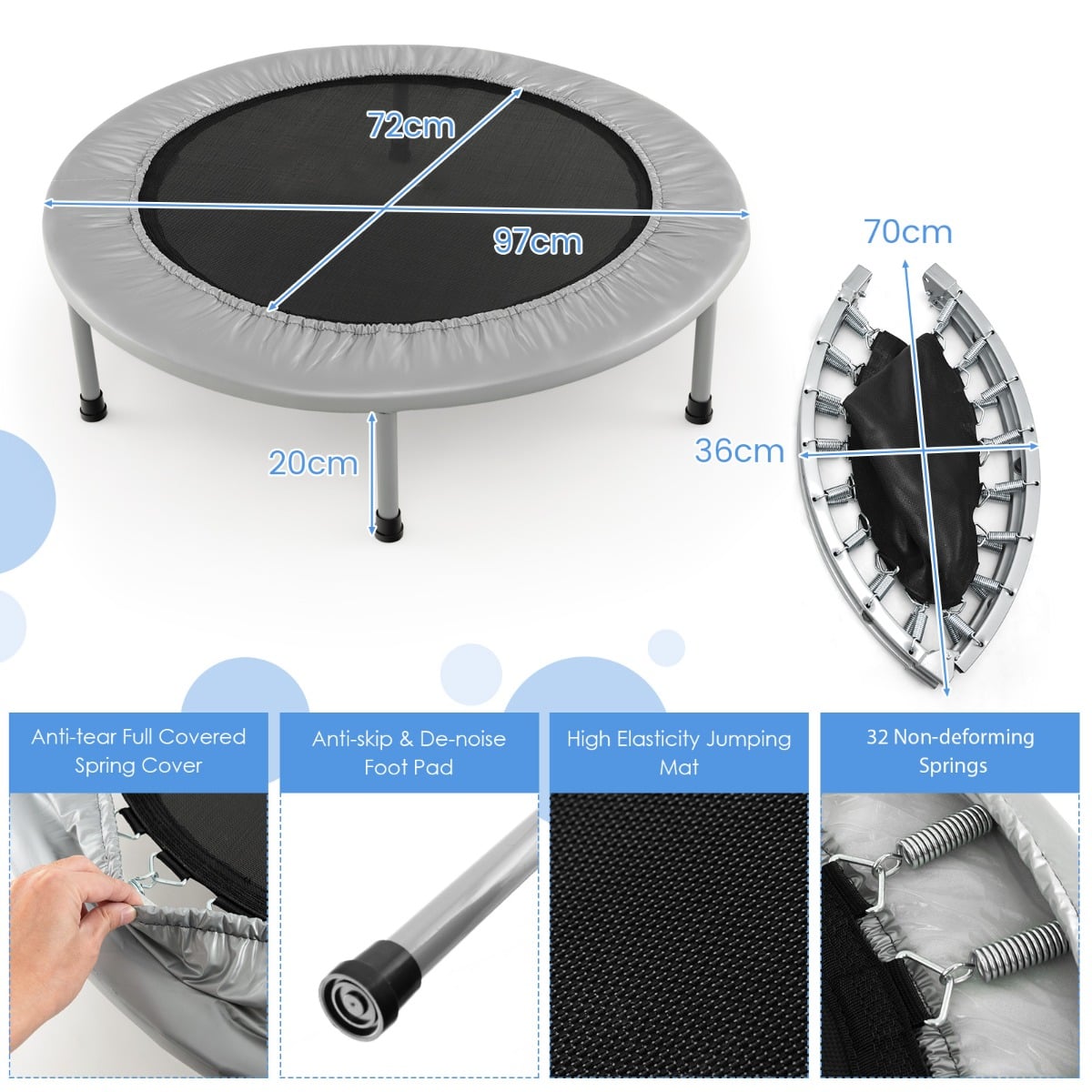 Foldable Mini Trampoline with Springs and Padded Cover-Grey