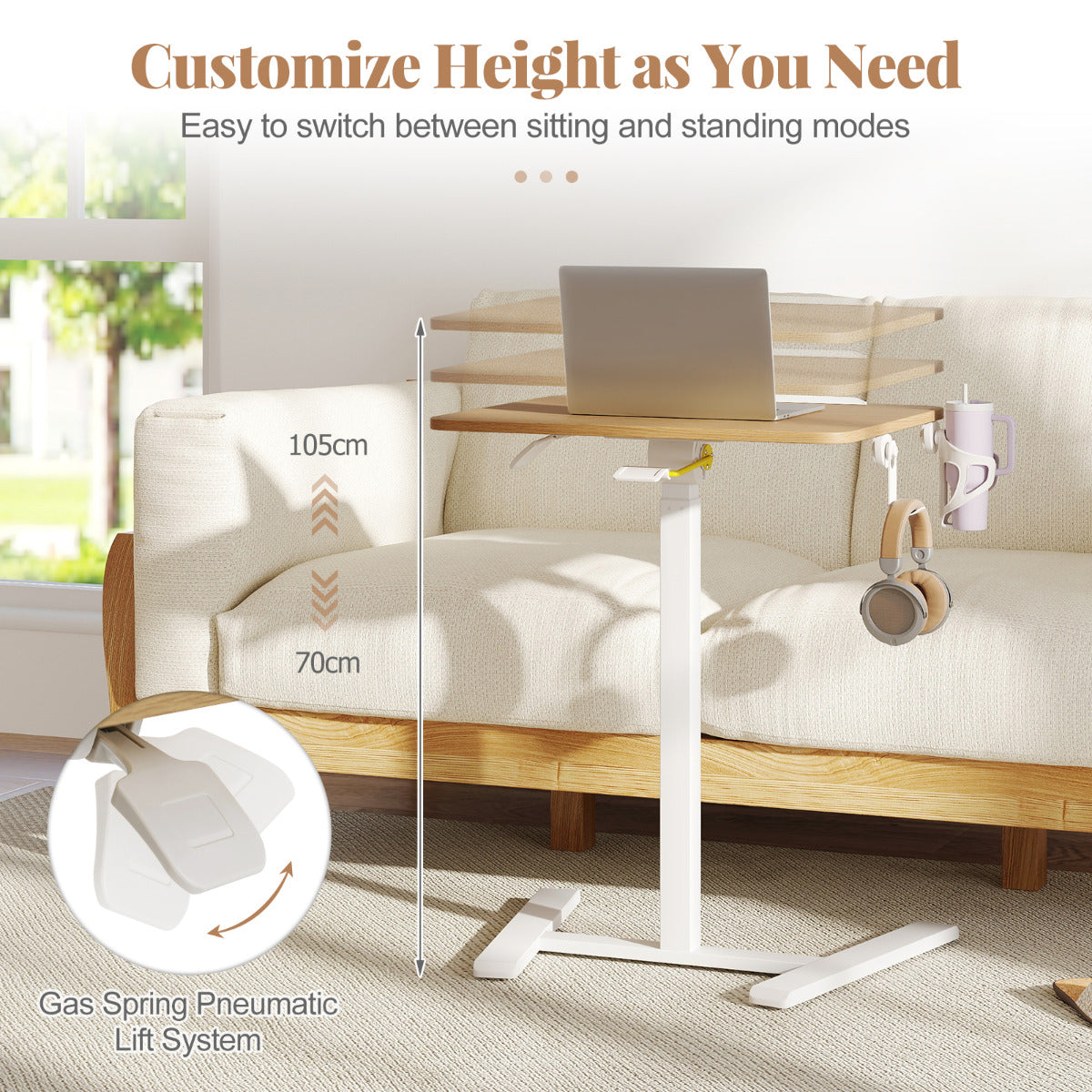 Foldable Mobile Standing Desk Rolling Laptop Desk with 90° Tiltable Tabletop-Natural