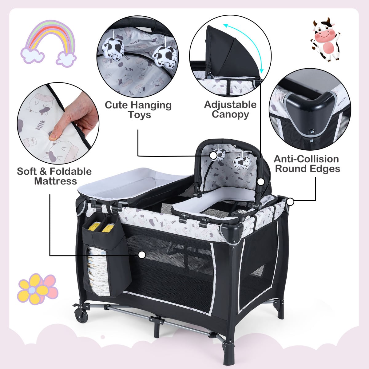 Foldable Pack and Play Portable Baby Playard with Rocking Bassinet and Diaper Changing Table-Beige