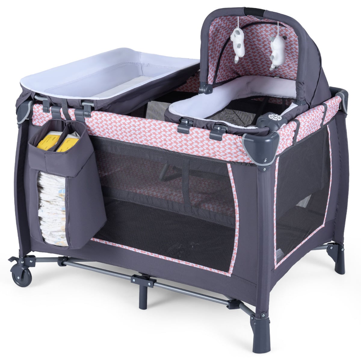 Foldable Pack and Play Portable Baby Playard with Rocking Bassinet and Diaper Changing Table-Light Pink