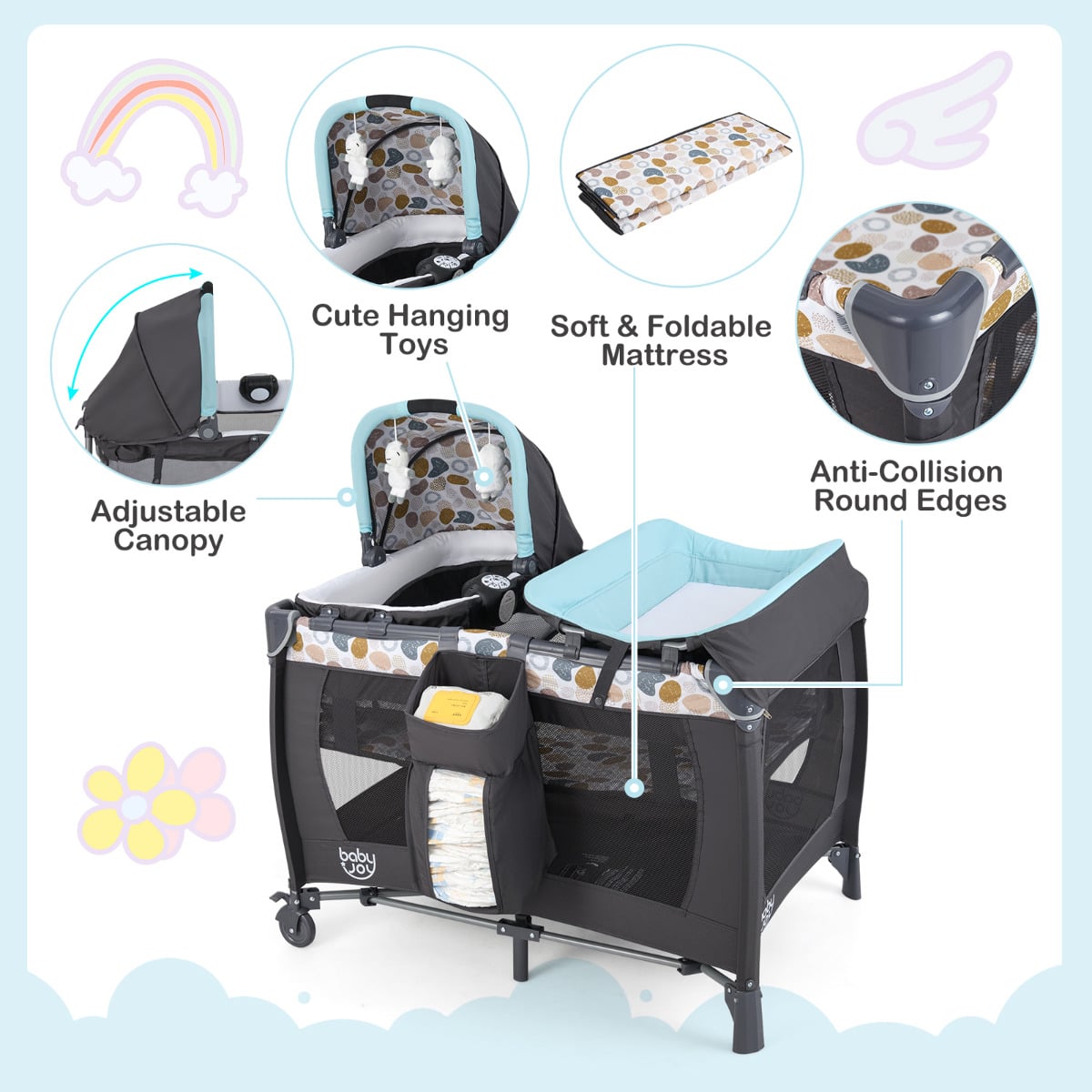 Foldable Pack and Play Portable Baby Playard with Rocking Bassinet and Diaper Changing Table-Blue
