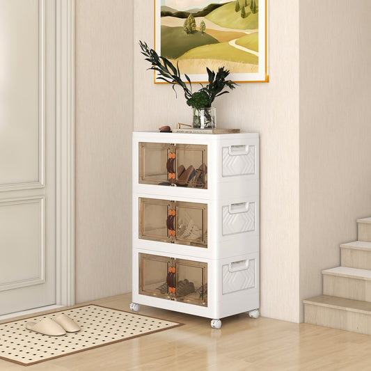 The storage unit placed in a hallway with shoes stored inside the transparent doors