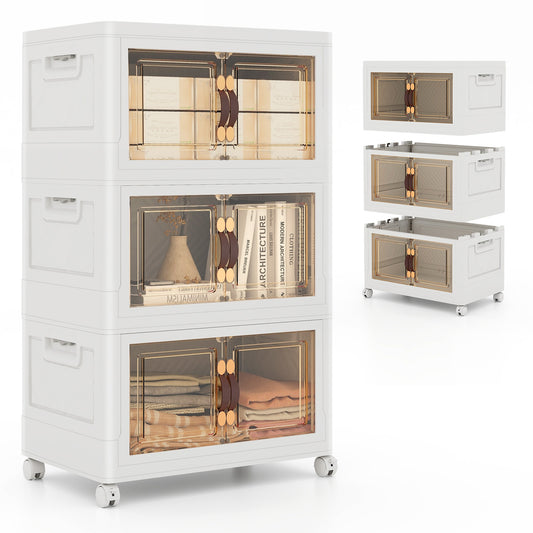 Folding 3 Pack PP 157 L Stackable Storage Bins shown stacked and separated in white