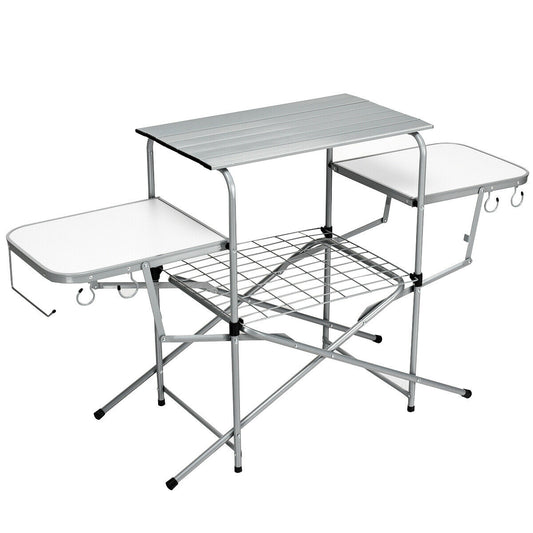 Folding Aluminium Camping/ Picnic Table set up with shelves and hooks
