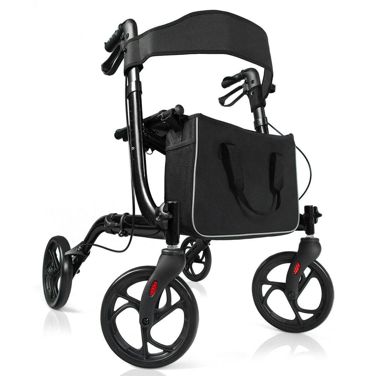 The four wheeled walker showing the black frame, seat, backrest and attached storage bag