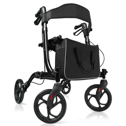 The four wheeled walker showing the black frame, seat, backrest and attached storage bag
