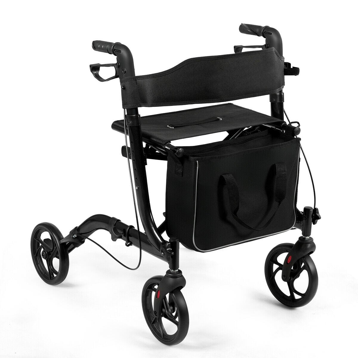Folding Aluminium Rollator Walker Mobility Aid With 4 Wheels in black with a seat and storage bag