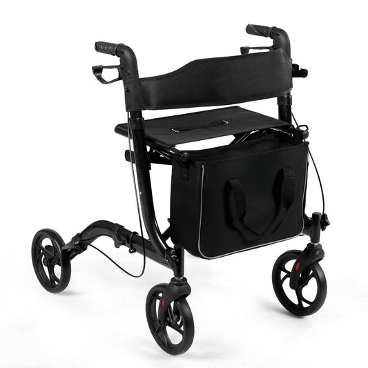 Folding Aluminium Rollator Walker Mobility Aid With 4 Wheels in black with a seat and storage bag