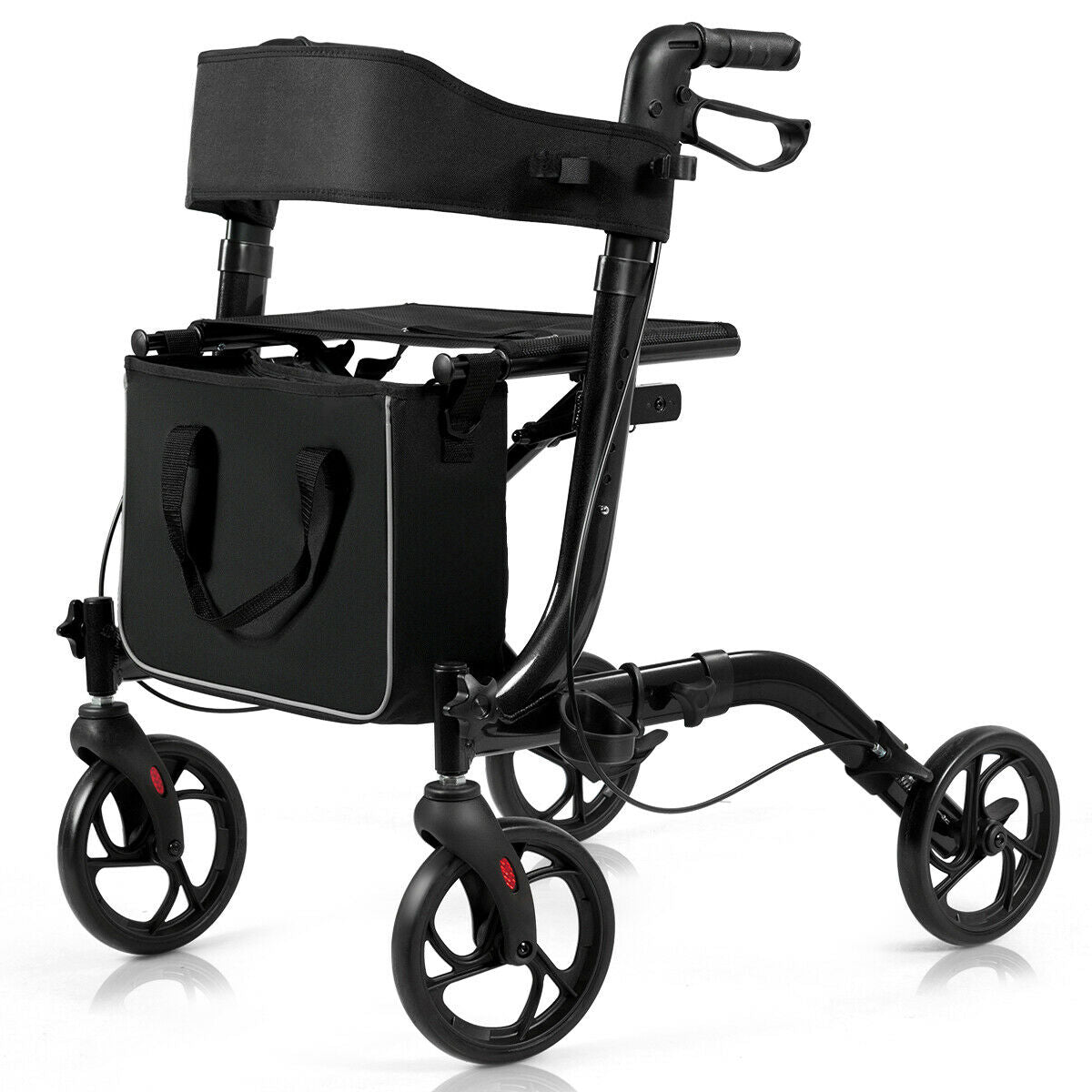 The mobility aid viewed from the opposite side showing the wheels and brake cables
