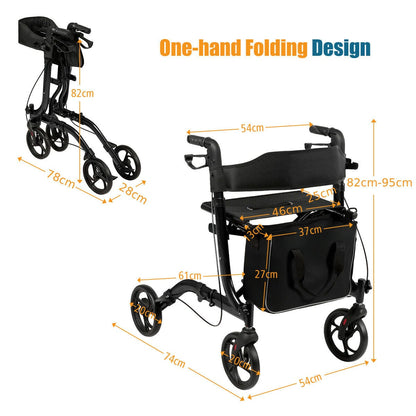 The folding walker with technical lines and labels showing the dimensions of the frame