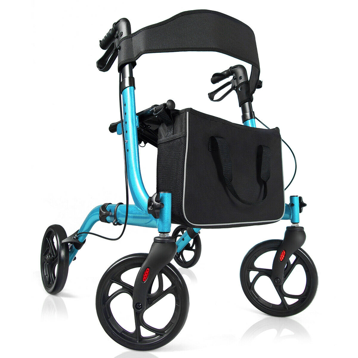 Blue rollator walker mobility aid with four wheels, viewed from the front