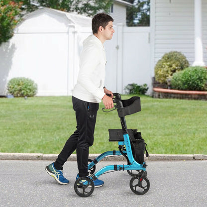 Man using the blue rollator walker mobility aid while walking outdoors on a paved path
