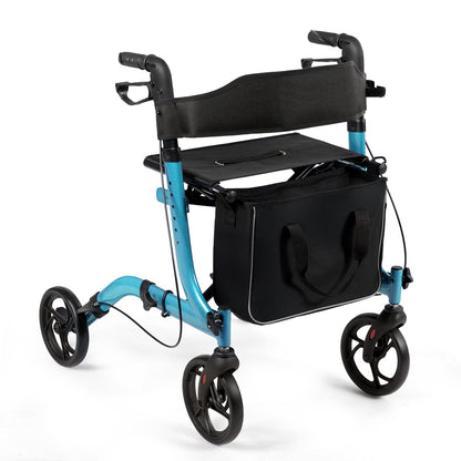 Folding Aluminium Rollator Walker Mobility Aid With 4 Wheels in blue, shown from the front left