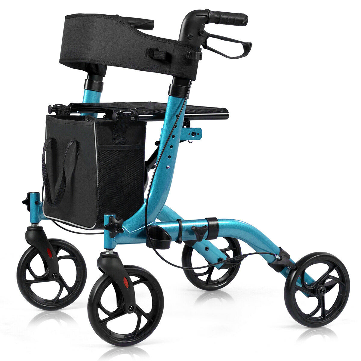 Blue rollator walker mobility aid with four wheels, shown from the side