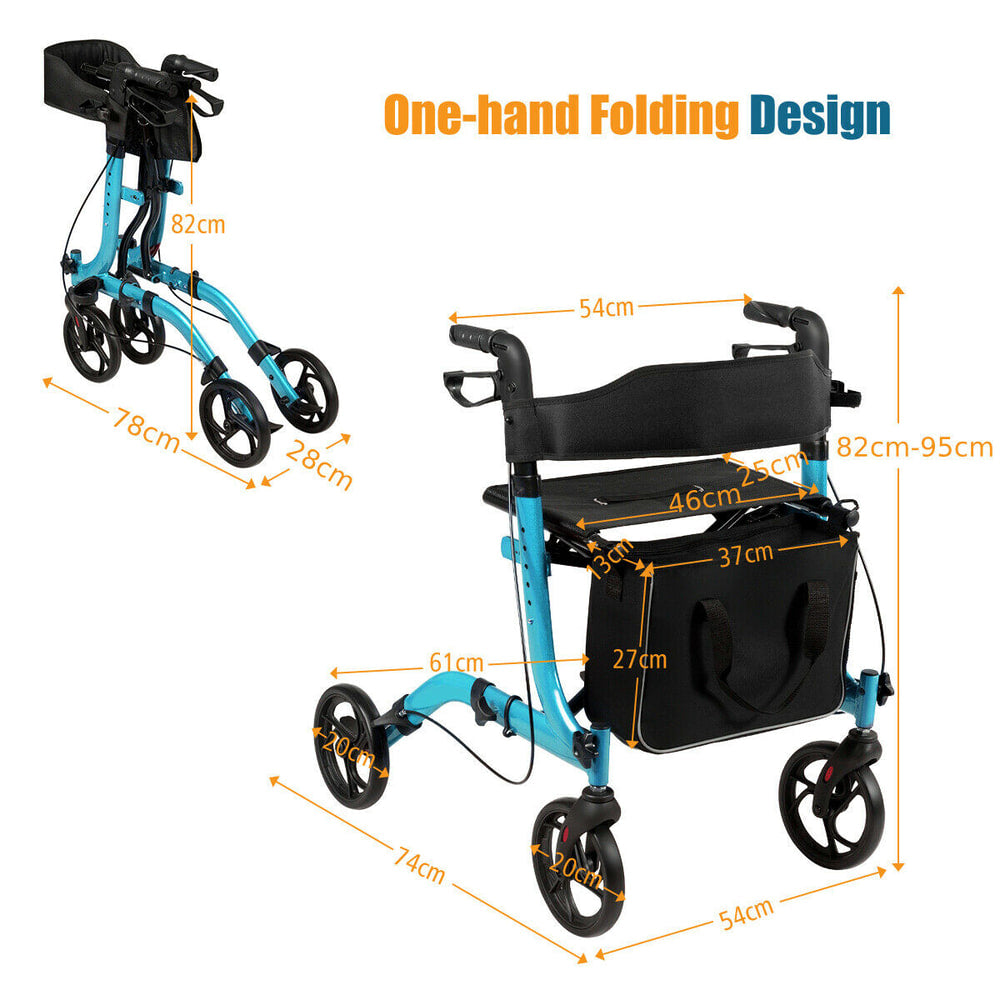 Size diagram showing dimensions of the blue rollator walker mobility aid