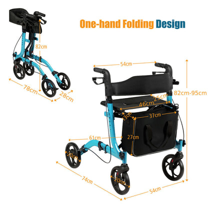 Size diagram showing dimensions of the blue rollator walker mobility aid