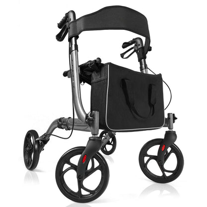 The mobility walker featuring a black seat and storage bag against a plain white background