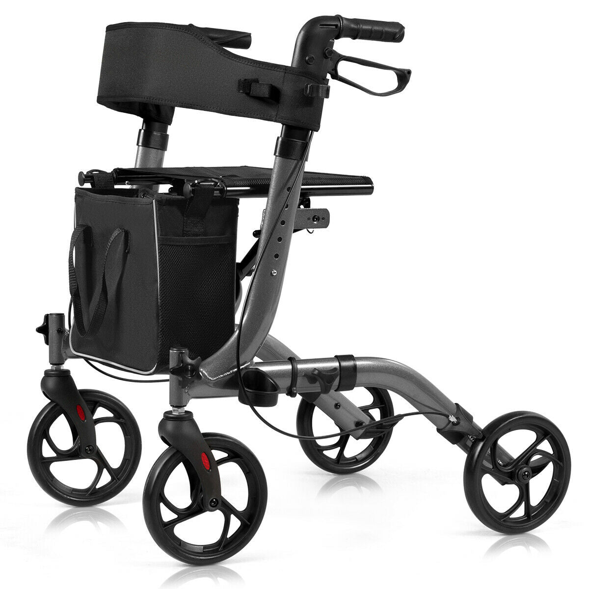 The mobility walker viewed from the opposite side showing the frame and wheels clearly