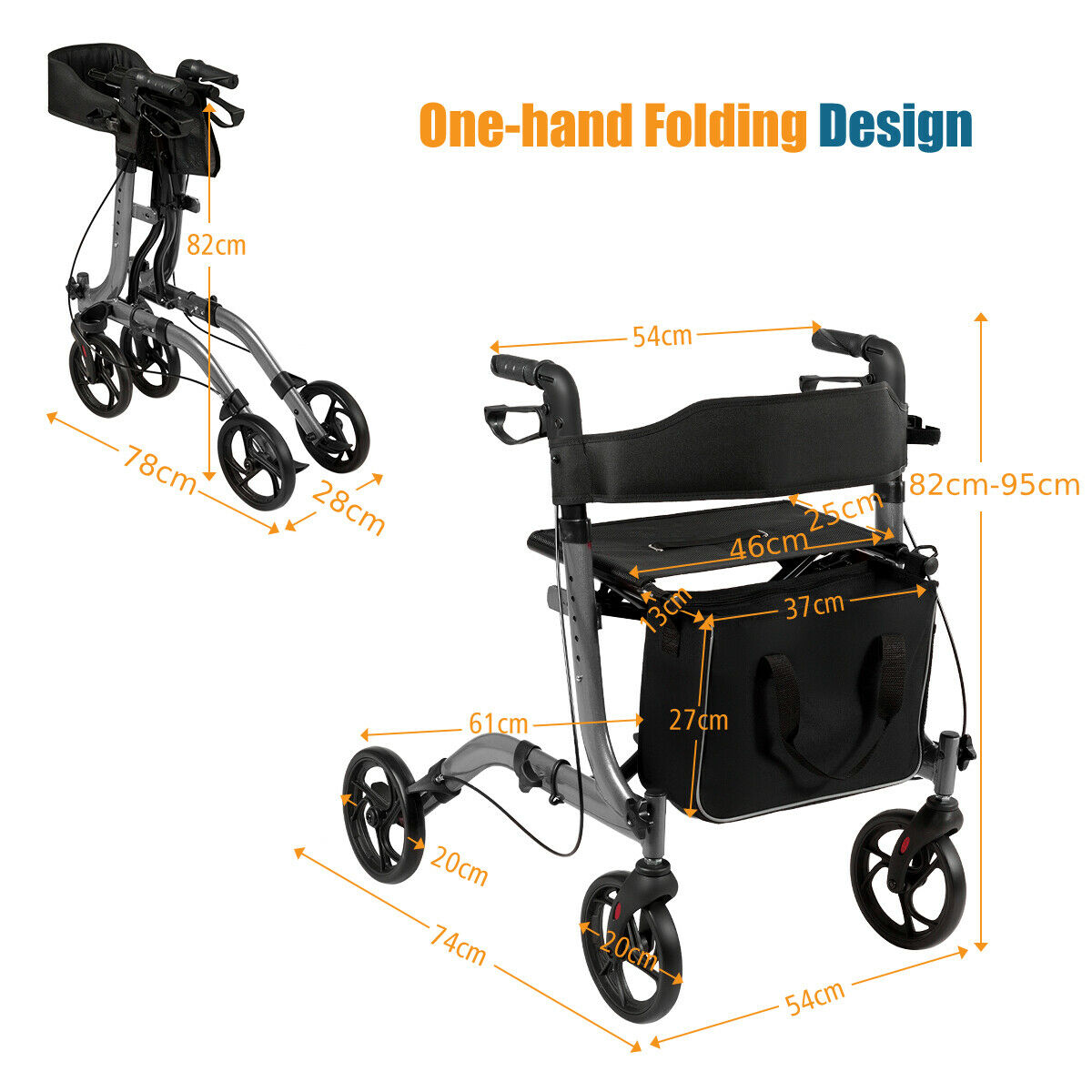 The mobility walker displayed with various dimension lines and arrows indicating its size