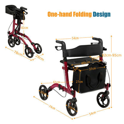 Diagram showing the folding mechanism and dimensions of the red four-wheeled walker
