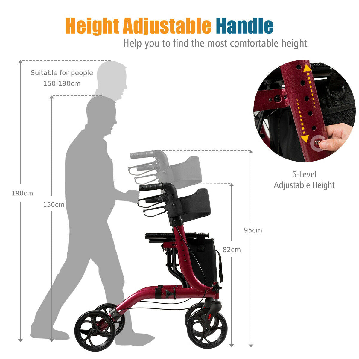 Diagram illustrating the height adjustment of the red four-wheeled walker