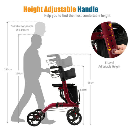 Diagram illustrating the height adjustment of the red four-wheeled walker