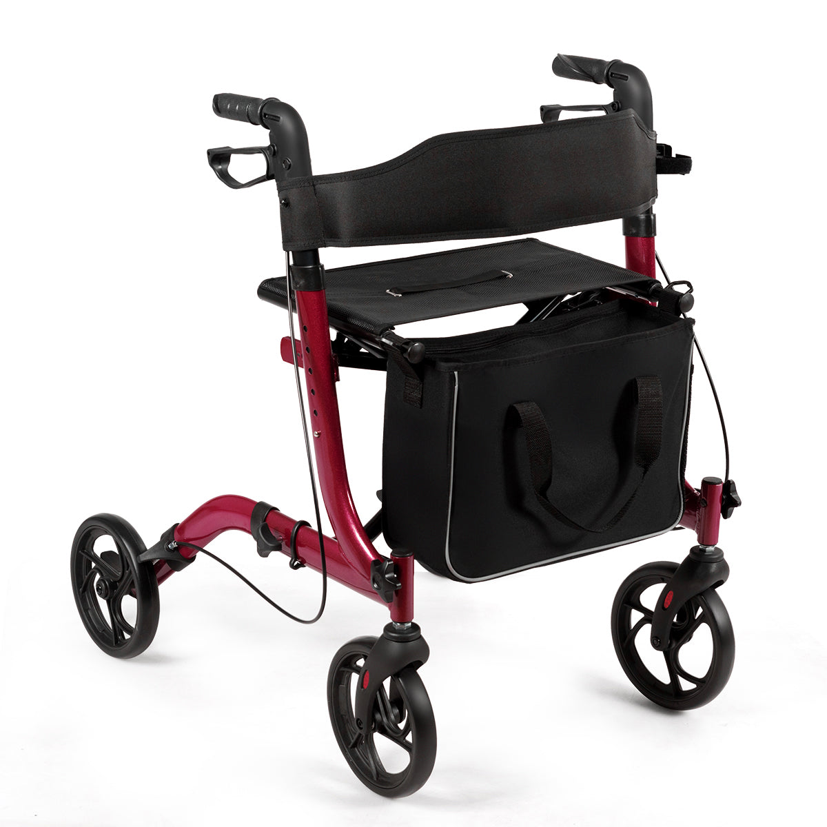 Folding Aluminium Rollator Walker Mobility Aid With 4 Wheels in red, shown from the front with a bag attached