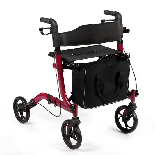 Folding Aluminium Rollator Walker Mobility Aid With 4 Wheels in red, shown from the front with a bag attached