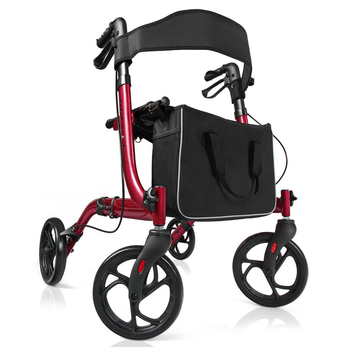 Red four-wheeled walker with a seat and bag, shown from a three-quarter angle